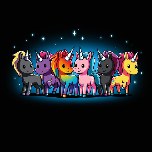 An illustration of six colorful unicorns standing in a row on a black background with sparkling stars, showcasing their unique color schemes and expressions. This vibrant design embodies unicorn pride and would look fabulous on a black t-shirt, celebrating the LGBTQ+ community. Check out Unicorn Pride by monsterdigital for this stunning artwork!