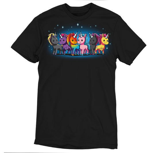 Unicorn Pride by monsterdigital: Black t-shirt featuring a colorful group of five cartoon unicorns standing under small, star-like sparkles. The unicorns, in various colors—black, purple, red, pink, and yellow—celebrate unicorn pride and embody the vibrant spirit of the LGBTQ+ community.