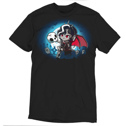 Premium Cotton T-shirt_TeeTurtle Vampire Princess black t-shirt featuring an illustration of a vampire princess with red bat wings and a pointed crown in a graveyard sitting on top of a tombstone that says RIP holding a white skull. The background shows bats flying near a full moon.