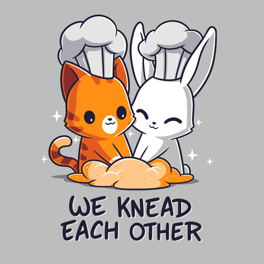 Illustration of a cat and rabbit wearing chef hats, kneading dough with the text 