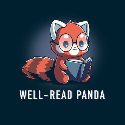 Premium Cotton T-shirt_TeeTurtle Well-Read Panda navy blue t-shirt featuring a red panda wearing glasses and reading a book.