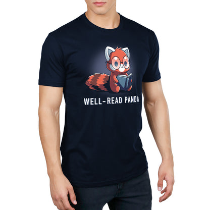 Premium Cotton T-shirt_TeeTurtle Well-Read Panda navy blue t-shirt featuring a red panda wearing glasses and reading a book.