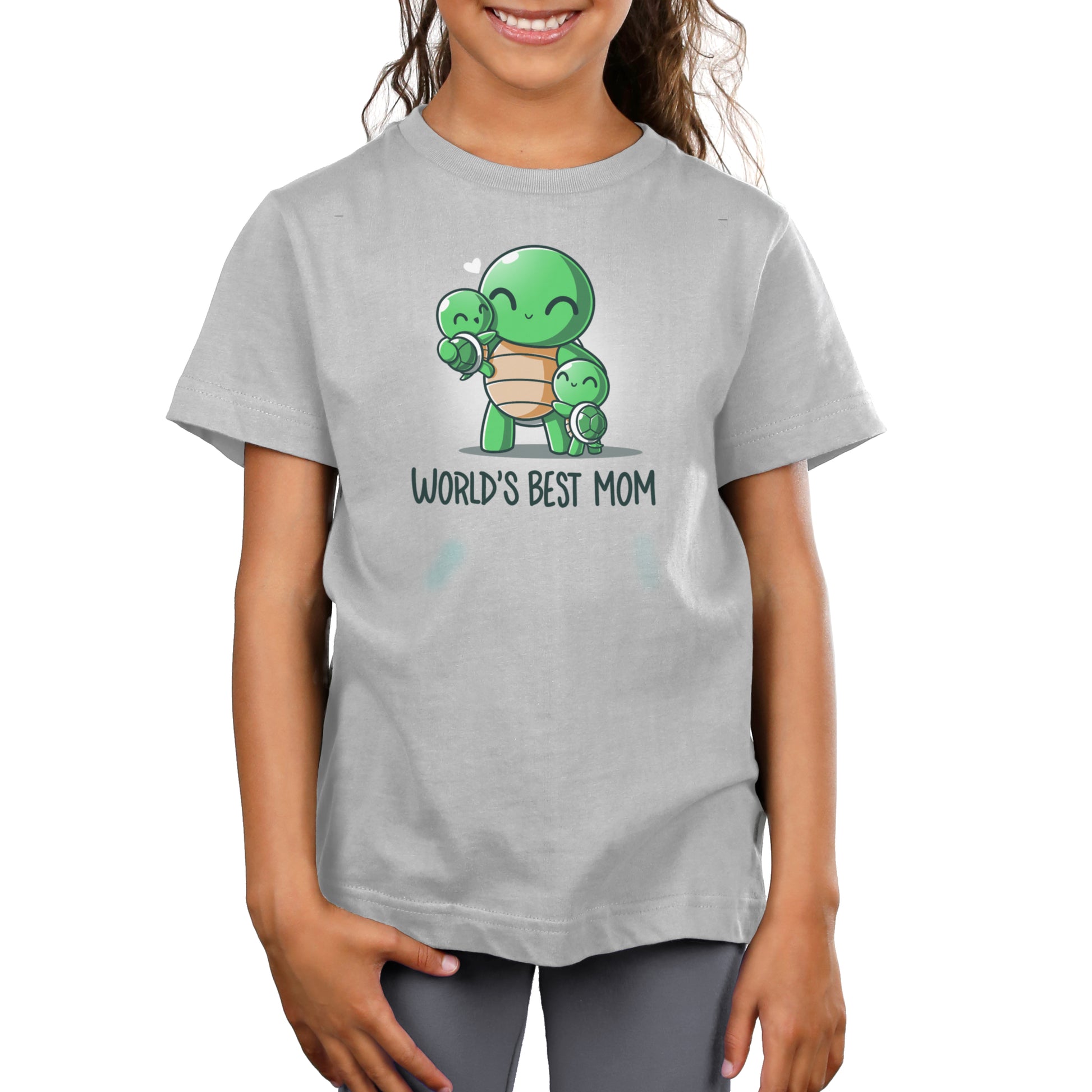 Premium Cotton T-shirt - A girl wearing a grey monsterdigital World's Best Mom apparel featuring a cartoon turtle family and the text "WORLD'S BEST MOM." This super soft ringspun cotton unisex apparelensures comfort while celebrating awesome moms.