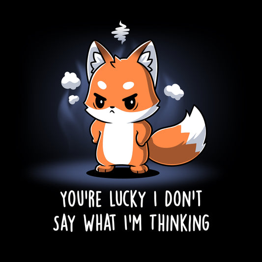 Cartoon fox with an angry expression stands surrounded by steam, with text 
