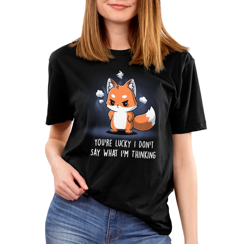 Premium Cotton T-shirt_TeeTurtle You're Lucky I Don’t Say What I’m Thinking black t-shirt featuring a fox with an angry expression standing surrounded by steam, with text "You're lucky I don't say what I'm thinking."