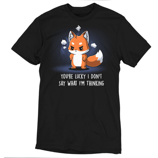 A black T-shirt in super soft ringspun cotton, featuring an illustration of an angry red fox with white fur on its chest and tail, and text beneath it that reads, 