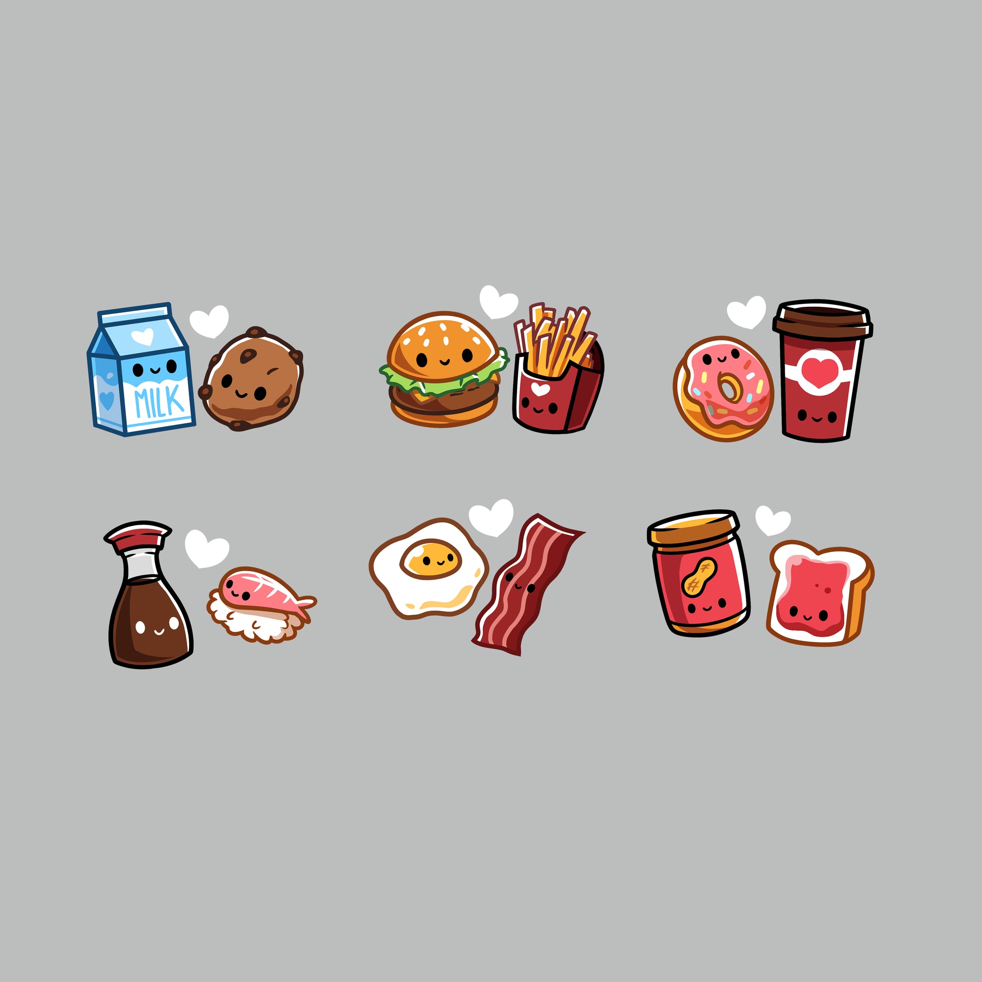 Premium Cotton T-shirt_TeeTurtle silver grey Taste Buddies Premium Cotton T-shirt featuring six pairs of food with smiling faces and a heart between each pair.