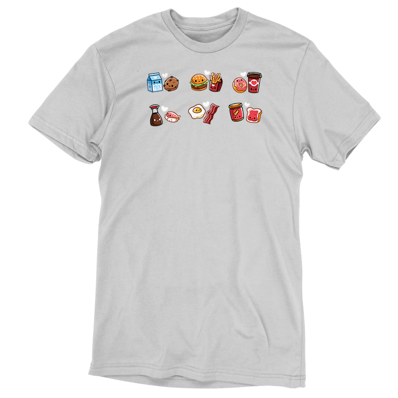 Premium Cotton T-shirt_TeeTurtle silver grey Taste Buddies Premium Cotton T-shirt featuring six pairs of food with smiling faces and a heart between each pair.