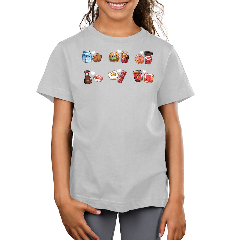 Premium Cotton T-shirt_TeeTurtle silver grey Taste Buddies Premium Cotton T-shirt featuring six pairs of food with smiling faces and a heart between each pair.