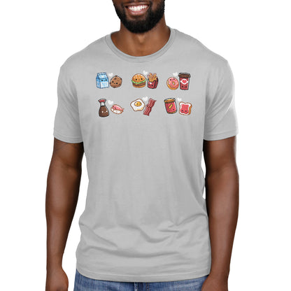 Premium Cotton T-shirt_TeeTurtle silver grey Taste Buddies Premium Cotton T-shirt featuring six pairs of food with smiling faces and a heart between each pair.