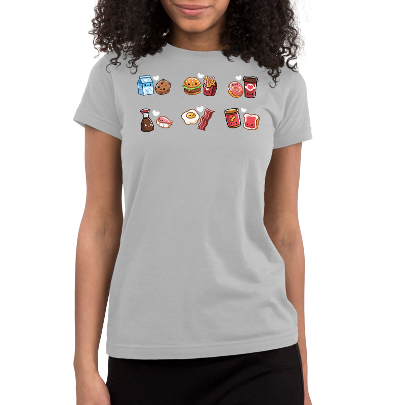Premium Cotton T-shirt_TeeTurtle silver grey Taste Buddies Premium Cotton T-shirt featuring six pairs of food with smiling faces and a heart between each pair.