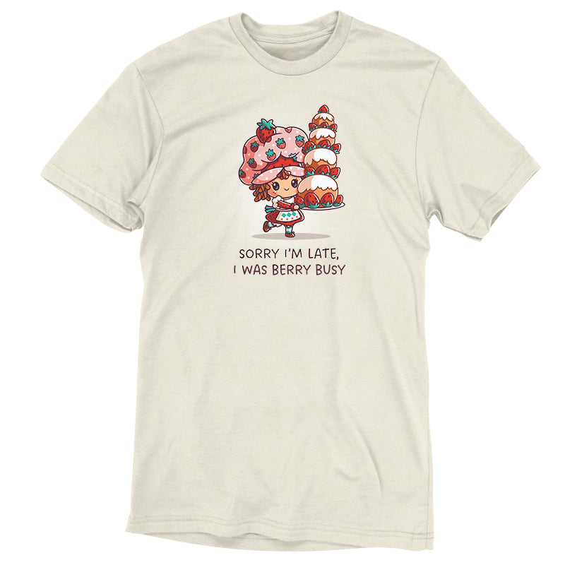 Premium Cotton T-shirt_TeeTurtle natural heather Sorry I Was Late, I Was Berry Busy apparel featuring Strawberry Shortcake holding a tall, large strawberry cake, and the caption, "Sorry I Was Late, I Was Berry Busy".