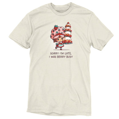 Premium Cotton T-shirt_TeeTurtle natural heather Sorry I Was Late, I Was Berry Busy apparel featuring Strawberry Shortcake holding a tall, large strawberry cake, and the caption, "Sorry I Was Late, I Was Berry Busy".