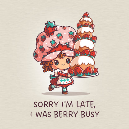 Premium Cotton T-shirt_TeeTurtle natural heather Sorry I Was Late, I Was Berry Busy apparel featuring Strawberry Shortcake holding a tall, large strawberry cake, and the caption, "Sorry I Was Late, I Was Berry Busy".