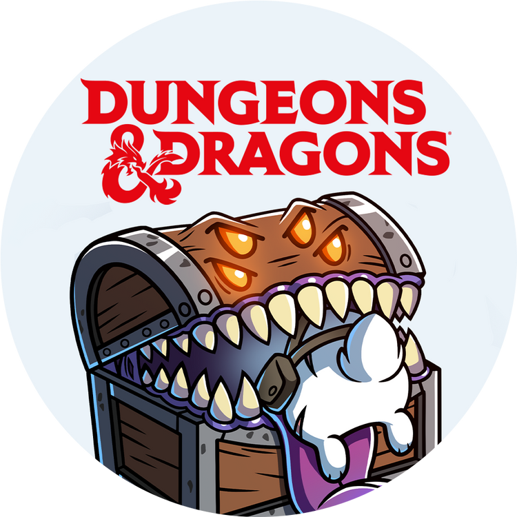 Dungeons & Dragons logo with a treasure chest and dragon illustration on a light blue background