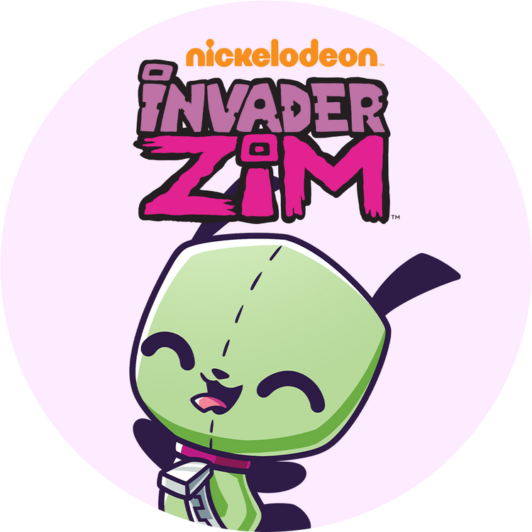 Invader Zim logo with a green character on a light purple background