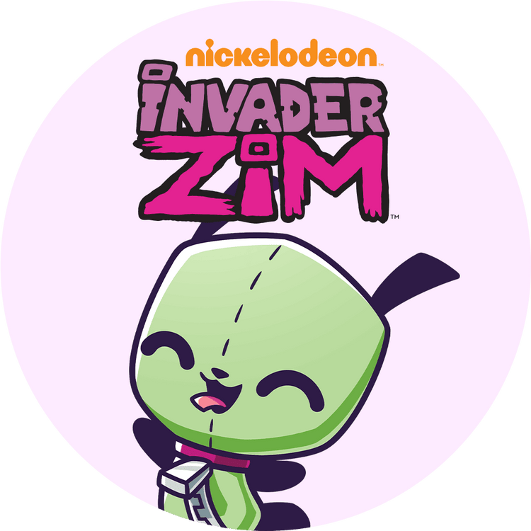 Invader Zim logo with a green character on a light purple background