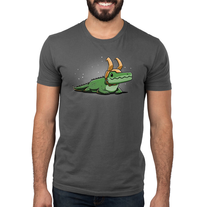 A man wearing an officially licensed Marvel t-shirt featuring Alligator Loki, a variant crocodile with horns.