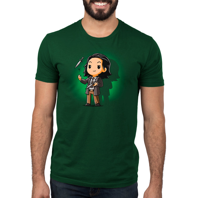 A man wearing a Marvel Loki's Daggers T-shirt.