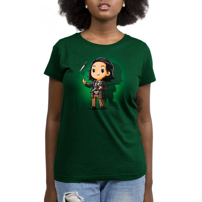 A woman wearing a green t-shirt featuring Marvel's Loki holding Loki's Daggers.