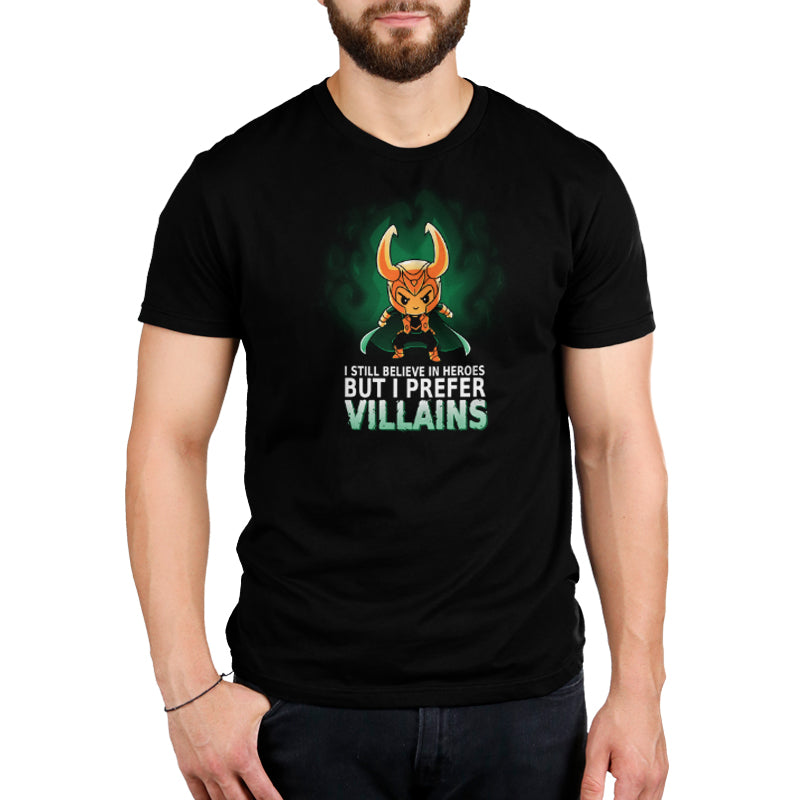 A man wearing a Marvel T-shirt displaying a message that states his aversion to villains, possibly referencing the Marvel character Loki.