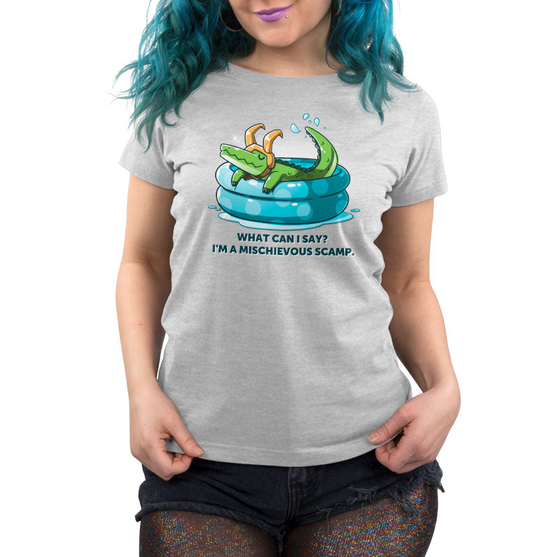 Officially licensed Marvel women's T-shirt featuring Alligator Loki Variant swimming in a pool. The product name is "I'm a Mischievous Scamp