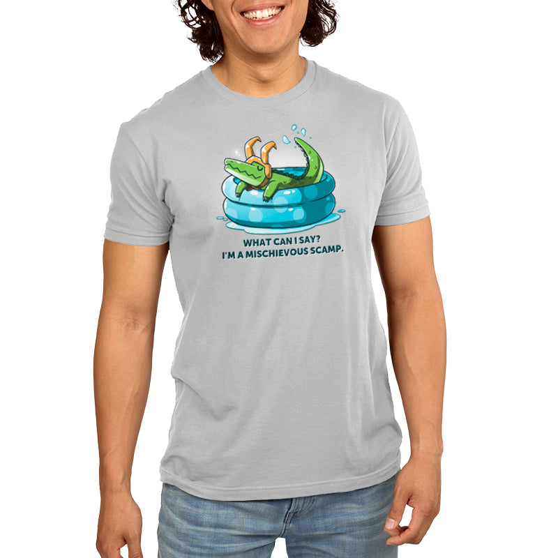 A man is wearing an officially licensed Marvel T-shirt with an I'm a Mischievous Scamp - Alligator Loki Variant design.