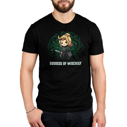 A officially licensed black t-shirt with an image of Sylvie Goddess of Mischief, a Harry Potter character made by Marvel.