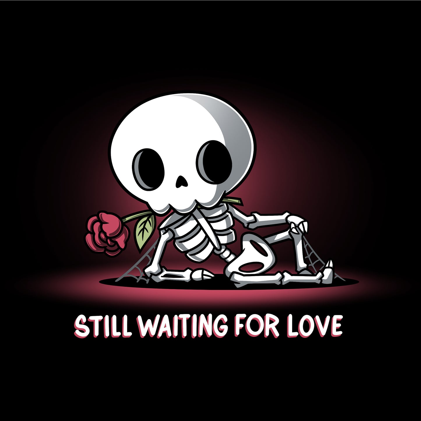 Long Sleeve T-shirt_TeeTurtle Still Waiting For Love black t-shirt featuring a skeleton holding a red rose and lying on the ground with the text "Still Waiting for Love."