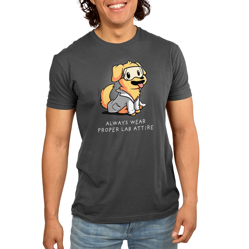 A man is wearing a Lab Attire t-shirt from TeeTurtle.