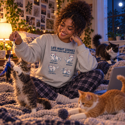Crew Neck Sweatshirt_TeeTurtle light gray Late Night Zoomies Crew Neck Sweatshirt featuring four energetic white cats in different playful poses with the text "Late Night Zoomies, Surprise Knife Paws Included" and labels "Danger Dance," "Nekosaurus," "Fluff Shuffle," and "Ready, Aim..."