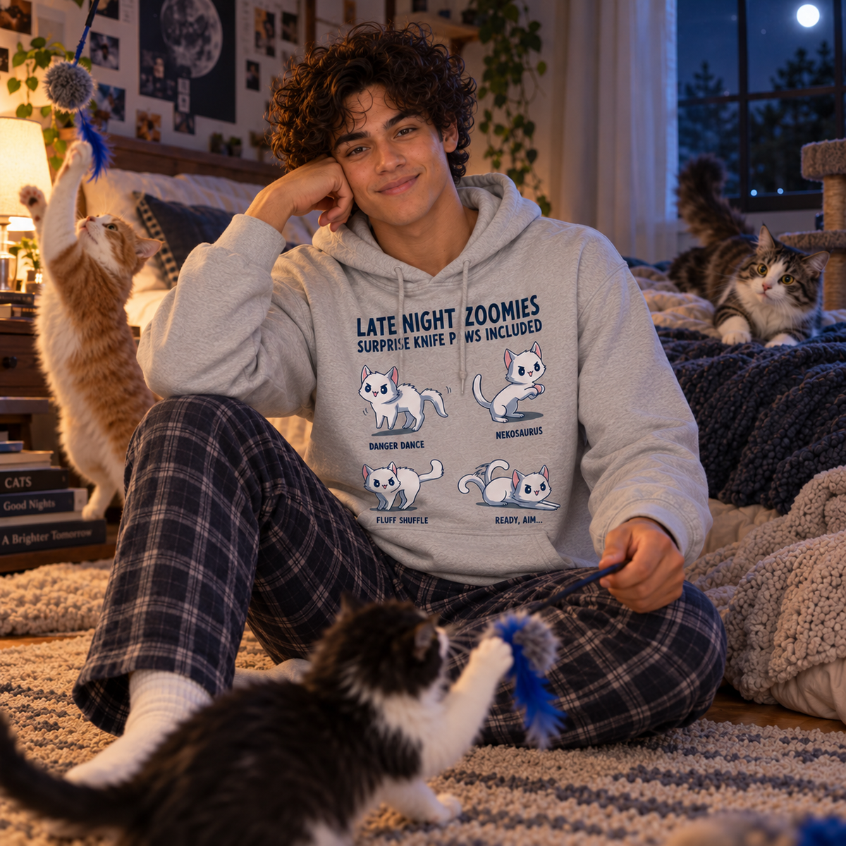 Pullover Hoodie_TeeTurtle light gray Late Night Zoomies Pullover Hoodie featuring four energetic white cats in different playful poses with the text "Late Night Zoomies, Surprise Knife Paws Included" and labels "Danger Dance," "Nekosaurus," "Fluff Shuffle," and "Ready, Aim..."
