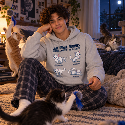 Pullover Hoodie_TeeTurtle light gray Late Night Zoomies Pullover Hoodie featuring four energetic white cats in different playful poses with the text "Late Night Zoomies, Surprise Knife Paws Included" and labels "Danger Dance," "Nekosaurus," "Fluff Shuffle," and "Ready, Aim..."