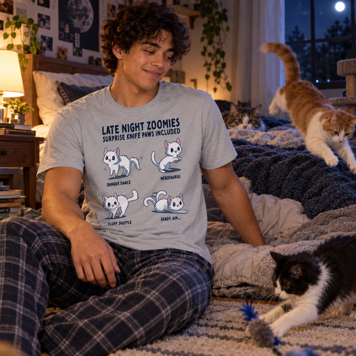 Men's Premium T-Shirt_TeeTurtle light gray Late Night Zoomies Men's Premium T-Shirt featuring four energetic white cats in different playful poses with the text "Late Night Zoomies, Surprise Knife Paws Included" and labels "Danger Dance," "Nekosaurus," "Fluff Shuffle," and "Ready, Aim..."