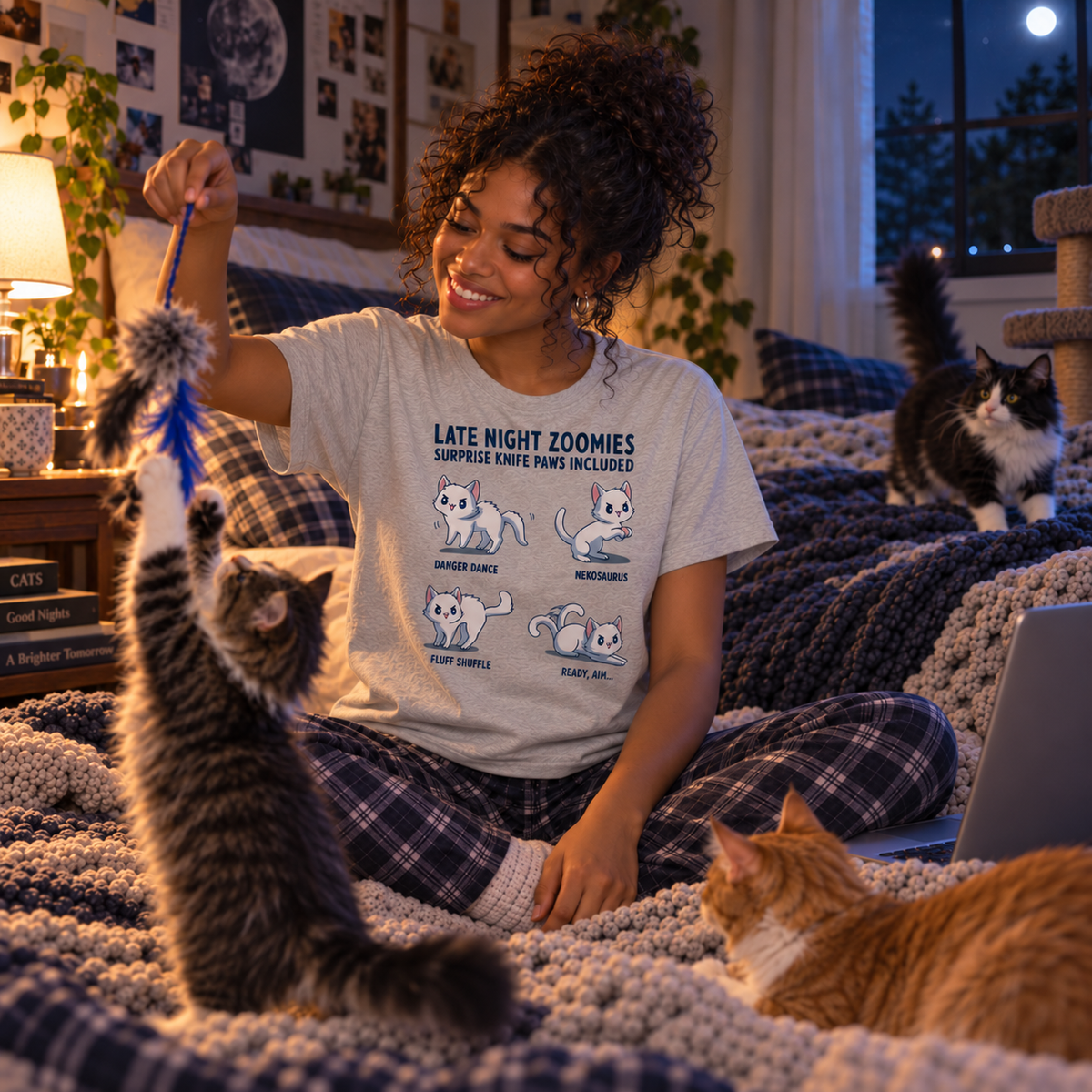 Women's Premium T-Shirt_TeeTurtle light gray Late Night Zoomies Women's Premium T-Shirt featuring four energetic white cats in different playful poses with the text "Late Night Zoomies, Surprise Knife Paws Included" and labels "Danger Dance," "Nekosaurus," "Fluff Shuffle," and "Ready, Aim..."