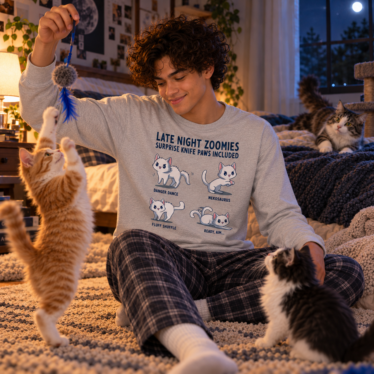 Long Sleeve T-shirt_TeeTurtle light gray Late Night Zoomies Long Sleeve T-shirt featuring four energetic white cats in different playful poses with the text "Late Night Zoomies, Surprise Knife Paws Included" and labels "Danger Dance," "Nekosaurus," "Fluff Shuffle," and "Ready, Aim..."