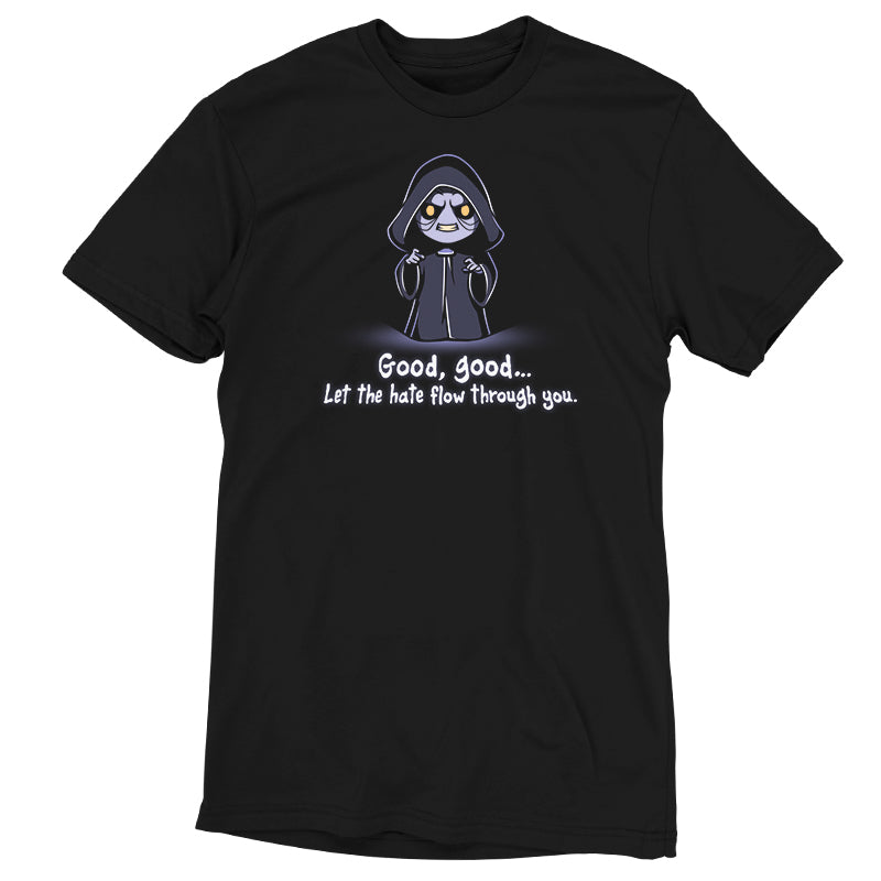 A officially licensed Star Wars black t-shirt for men and women that reads "good god Let The Hate Flow Through You".