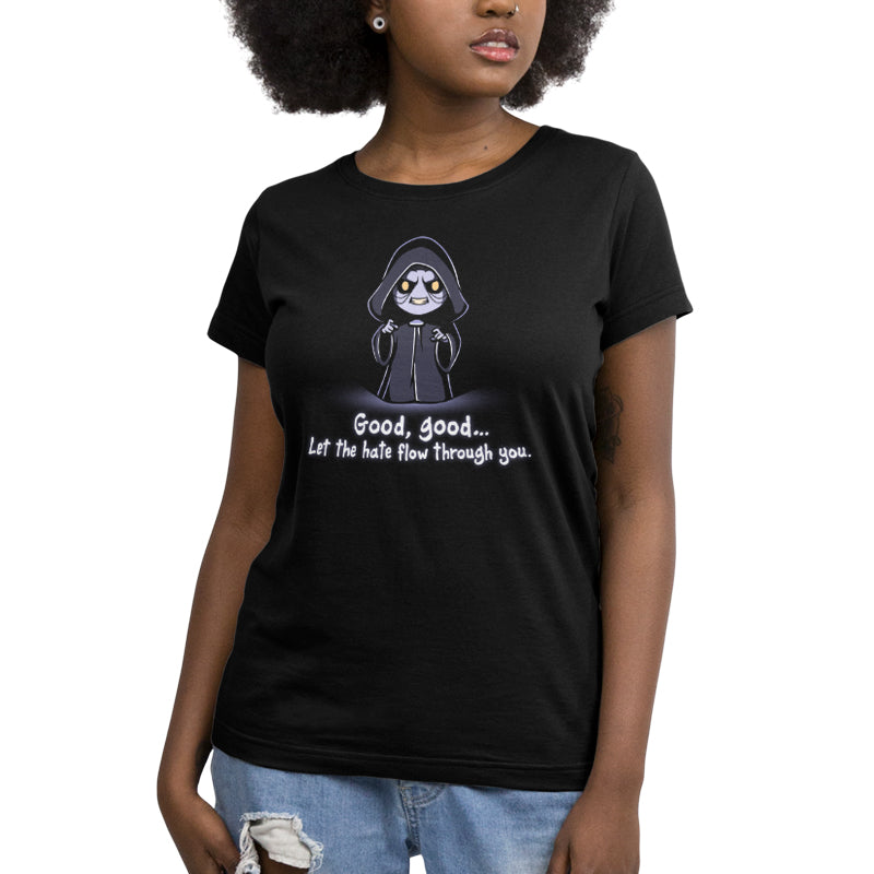 A woman wearing an officially licensed Star Wars Let The Hate Flow Through You women's t-shirt that says good night.