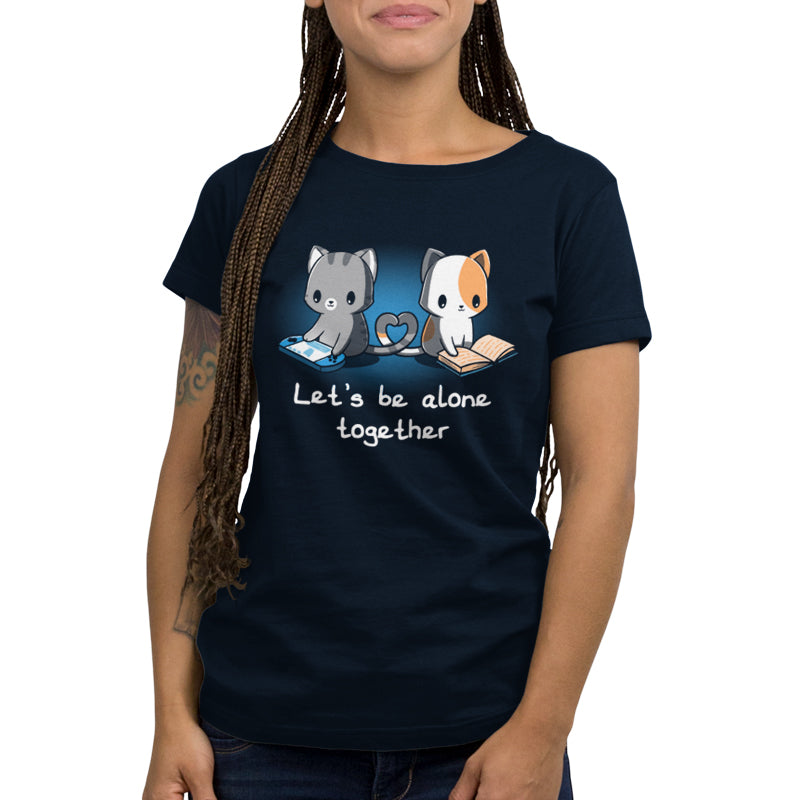 A navy blue women's t-shirt by TeeTurtle that says "Let's Be Alone Together".
