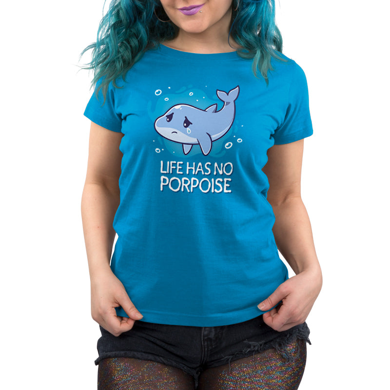 Premium Cotton T-shirt_TeeTurtle Life Has No Porpoise Cobalt Blue t-shirt featuring a cartoon of a whale with a single tear floating in water with the text "Life Has No Porpoise" beneath it.