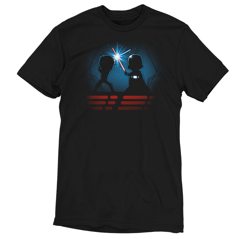 An officially licensed Star Wars t-shirt featuring Luke & Darth Vader Lightsaber Battle.