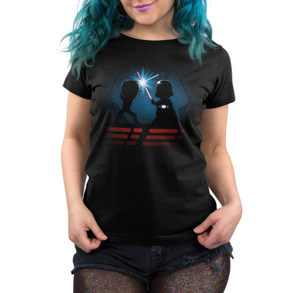 A woman wearing an officially licensed Star Wars Luke & Darth Vader Lightsaber Battle T-shirt.