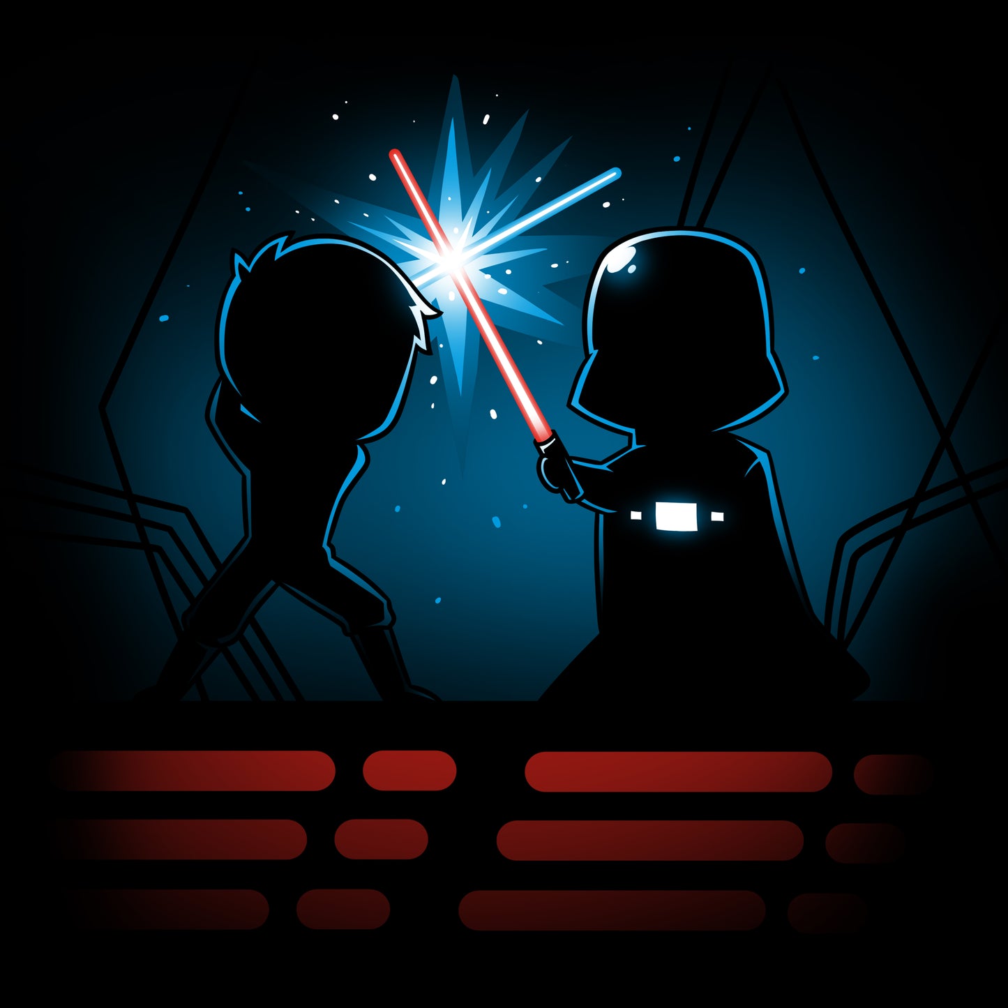 Officially licensed Star Wars Luke & Darth Vader Lightsaber Battle T-shirt featuring Darth Vader and Yoda in a dark battle.