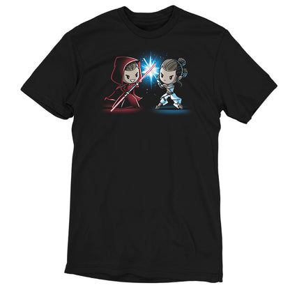 Officially licensed Star Wars Lightsaber Duel (Rey) characters fighting on a black t-shirt.