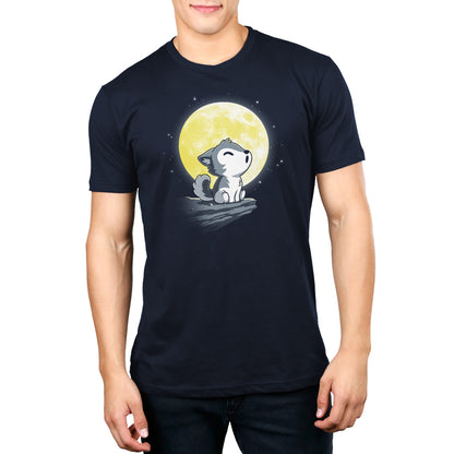 A TeeTurtle Lil' Werewolf t - shirt with an image of a cat on the moon in navy blue.