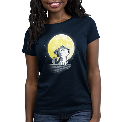 A navy blue Lil' Werewolf t-shirt with an image of a wolf on the moon, by TeeTurtle.