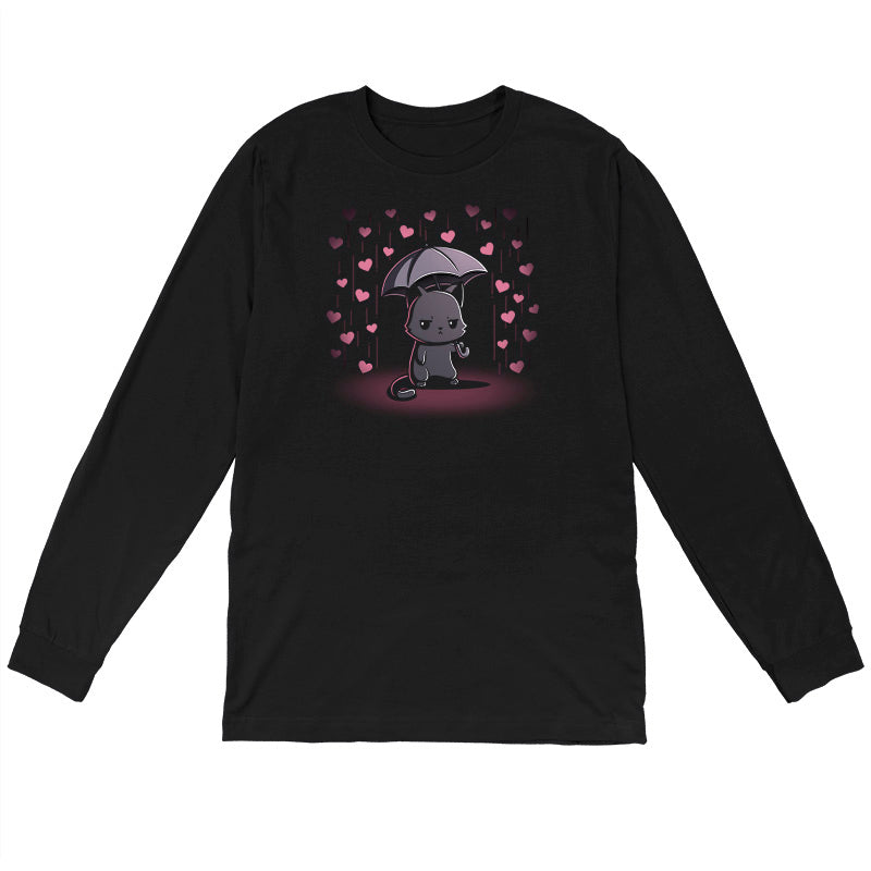 Long Sleeve T-shirt_TeeTurtle black Feeling Forecast Nope Long Sleeve T-shirt featuring a cat frowning and holding an umbrella, in the background there is pink rain with hearts.