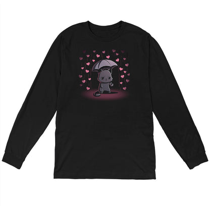 Long Sleeve T-shirt_TeeTurtle black Feeling Forecast Nope Long Sleeve T-shirt featuring a cat frowning and holding an umbrella, in the background there is pink rain with hearts.