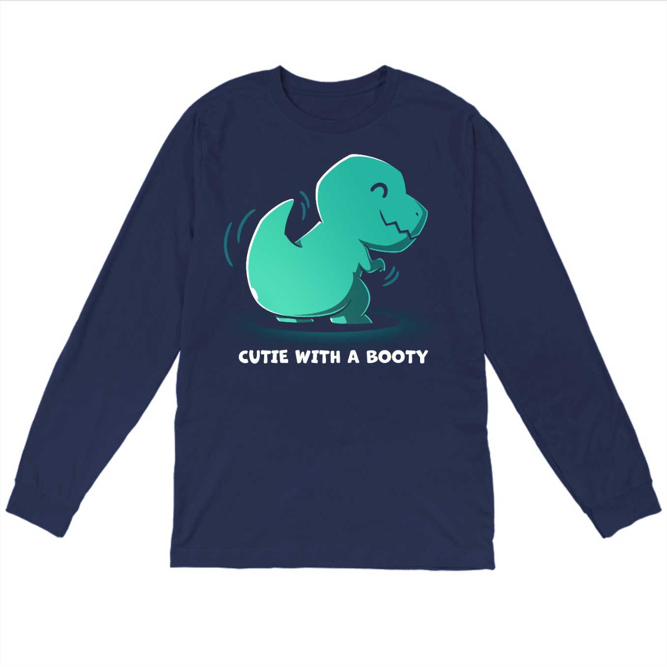 Long Sleeve T-shirt_TeeTurtlenavy Cutie With a Booty Long Sleeve T-shirt featuring a happy green t-rex dinosaur wiggling its booty along with the text "Cutie With a Booty" 