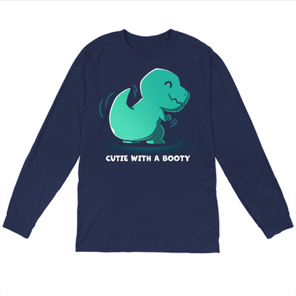 Long Sleeve T-shirt_TeeTurtlenavy Cutie With a Booty Long Sleeve T-shirt featuring a happy green t-rex dinosaur wiggling its booty along with the text "Cutie With a Booty" 